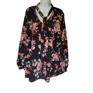 Lane Bryant Womens Floral Tie-Neck Blouse 22/24 Plus Size Long Sleeve Polyester